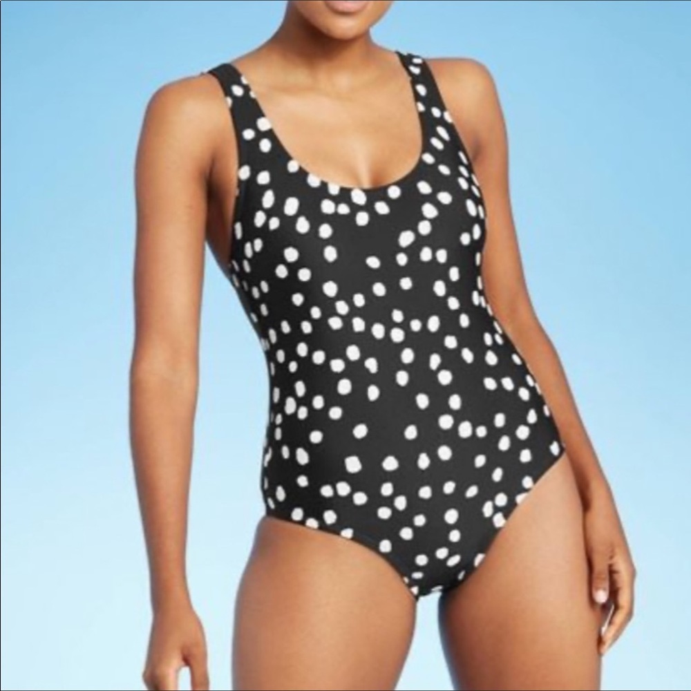 Kona Sol One Piece Polka Dot Black White Wide Strap Modest Swimsuit Small NWT - Picture 1 of 10